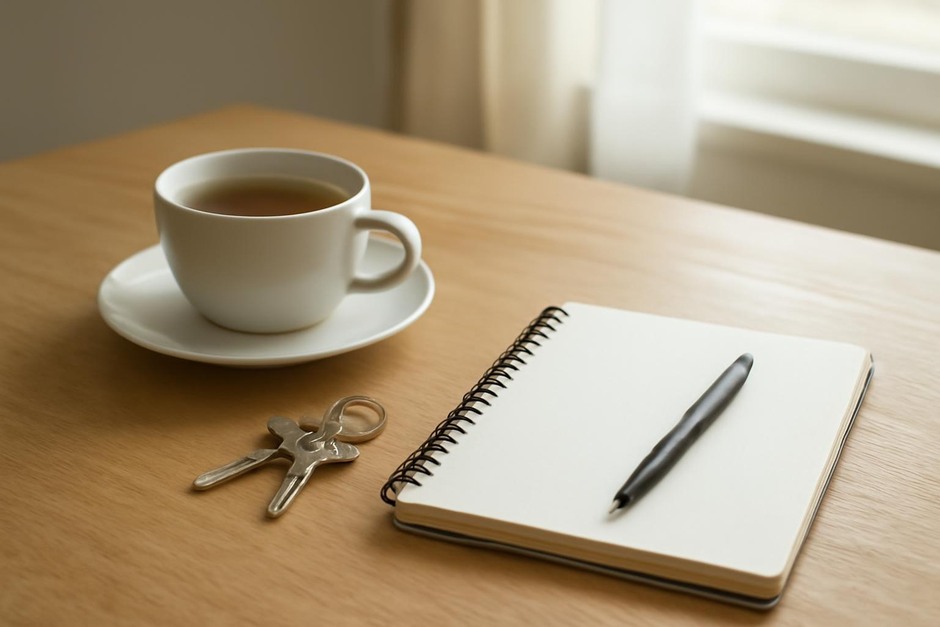 A simple table with a teacup, keys, and a notebook