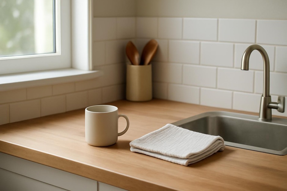 A small tidy kitchen counter with a coffee mug and a folded dish towel
