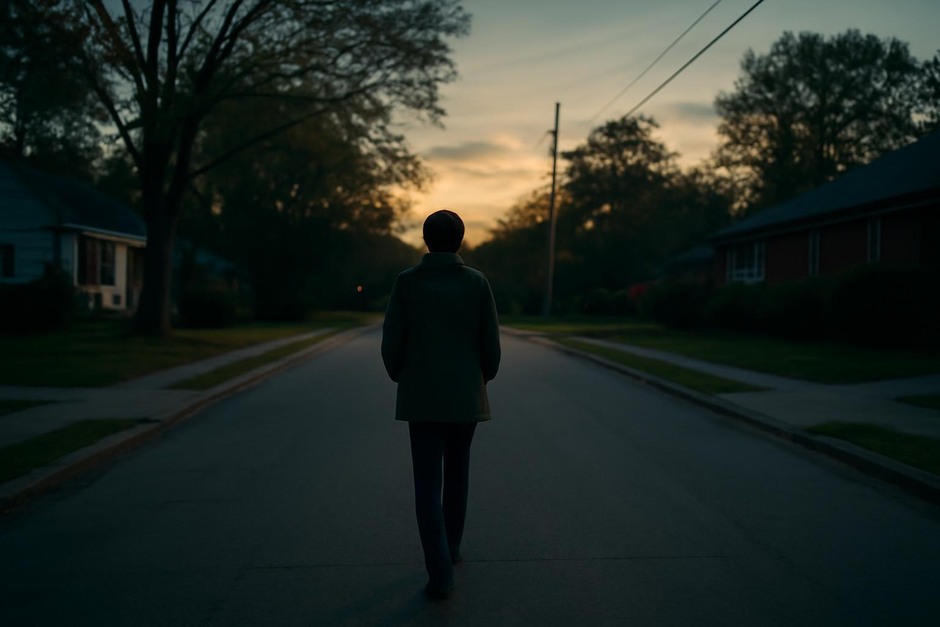 person walking down a quiet neighborhood street at dusk