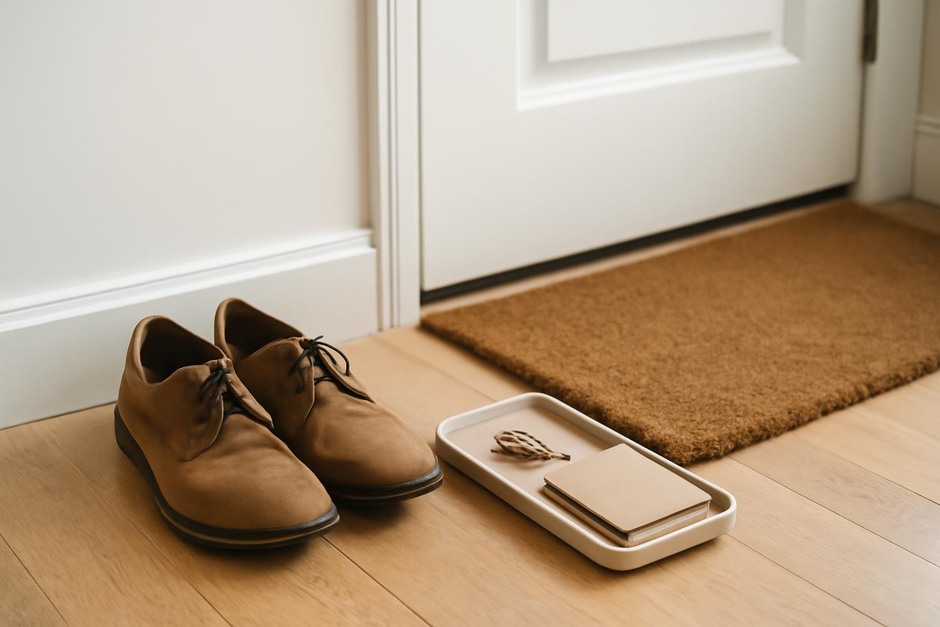 A pair of shoes by the door and a small tray with keys and a notebook